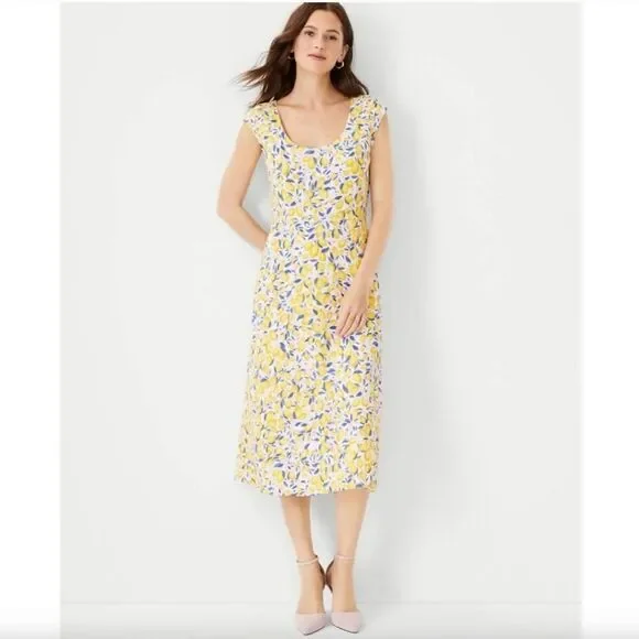 Ann Taylor Yellow Lemon Print Maxi Dress with Blue Leaves - Picture 3 of 14
